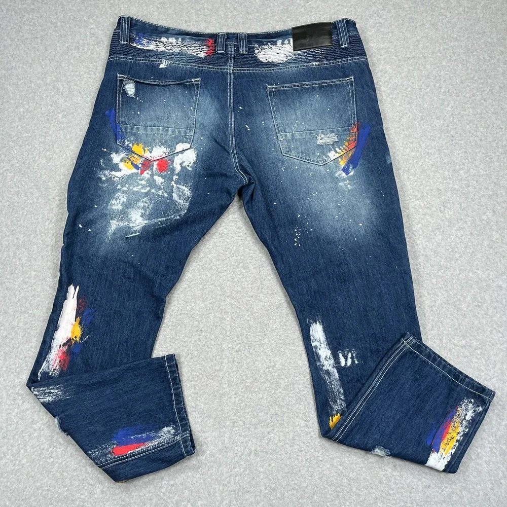 Smoke Rise Denim Jeans Mens 44 (43x32) Blue Paint Splatter Distressed Streetwear - Picture 2 of 13